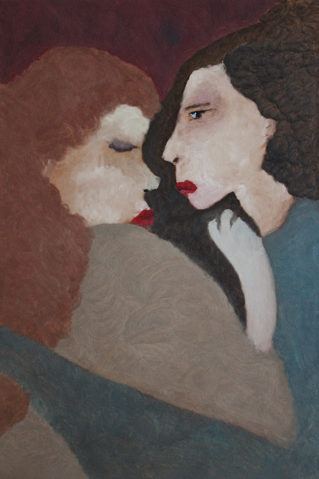 Two girls, embracing each others presence, one with her eyes closed, comfort, the other, looking away, concerned